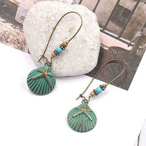 Vintage Style Bohemian Dangle Sea Shell Rust Finish Earrings